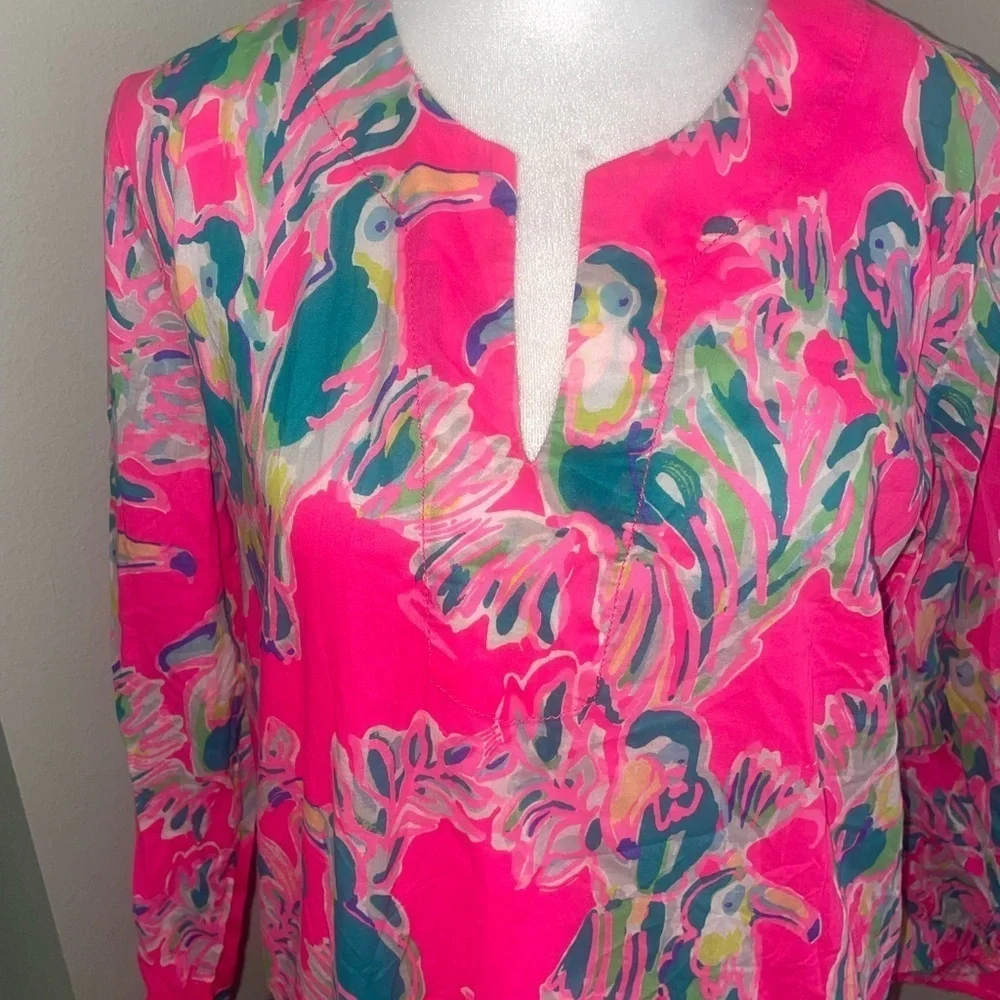 Lilly Pulitzer Oasis Tunic Dragonfruit Toucan Can Swim Beach Cover Up Pink XS - Picture 3 of 6